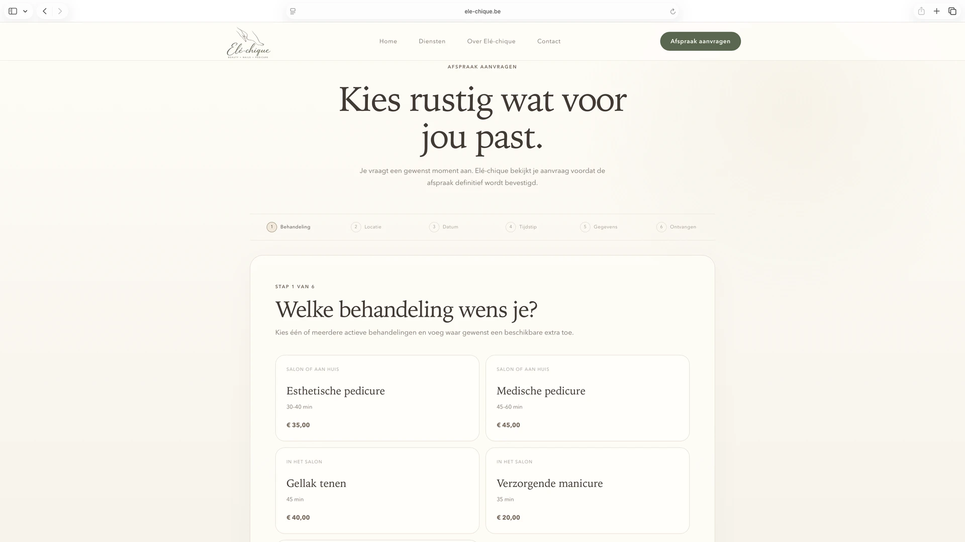 Afspraakaanvraag van Elé-chique met stappen voor behandeling, moment en gegevens, en een selectie van beschikbare behandelingen