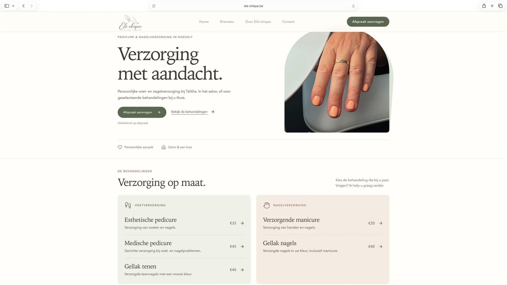 Publieke website van Elé-chique met diensten en de toegang tot een afspraakaanvraag