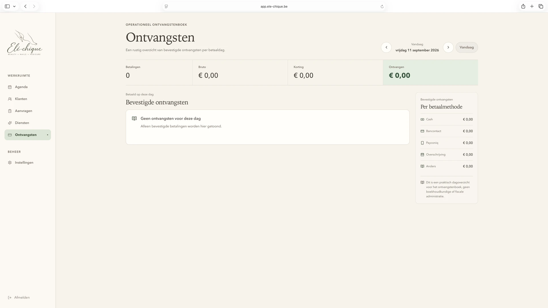 Ontvangstenpagina van de Elé-chique owner-app in lege toestand, met dagselectie en totalen per betaalwijze zonder transacties of klantgegevens